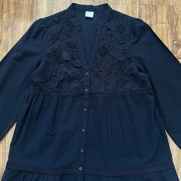 Poheme Paris Lace Detailing Button Front Long Sleeve Tiered Dress Size M/L Black - Picture 2 of 10